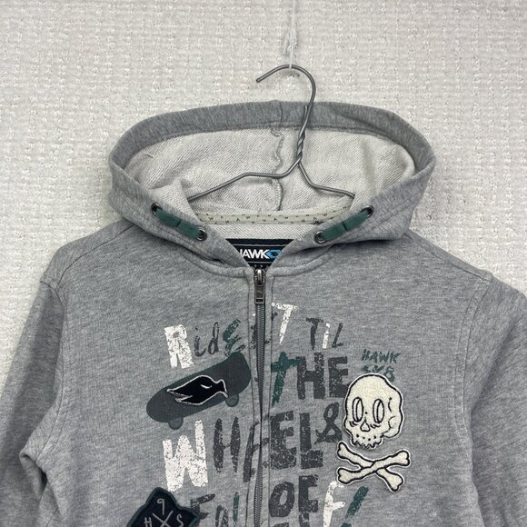 Y2K Tony Hawk Hoodie Boys Grey / Blue Skate Skull AOP Embroidery Full Zip Read - Picture 2 of 12